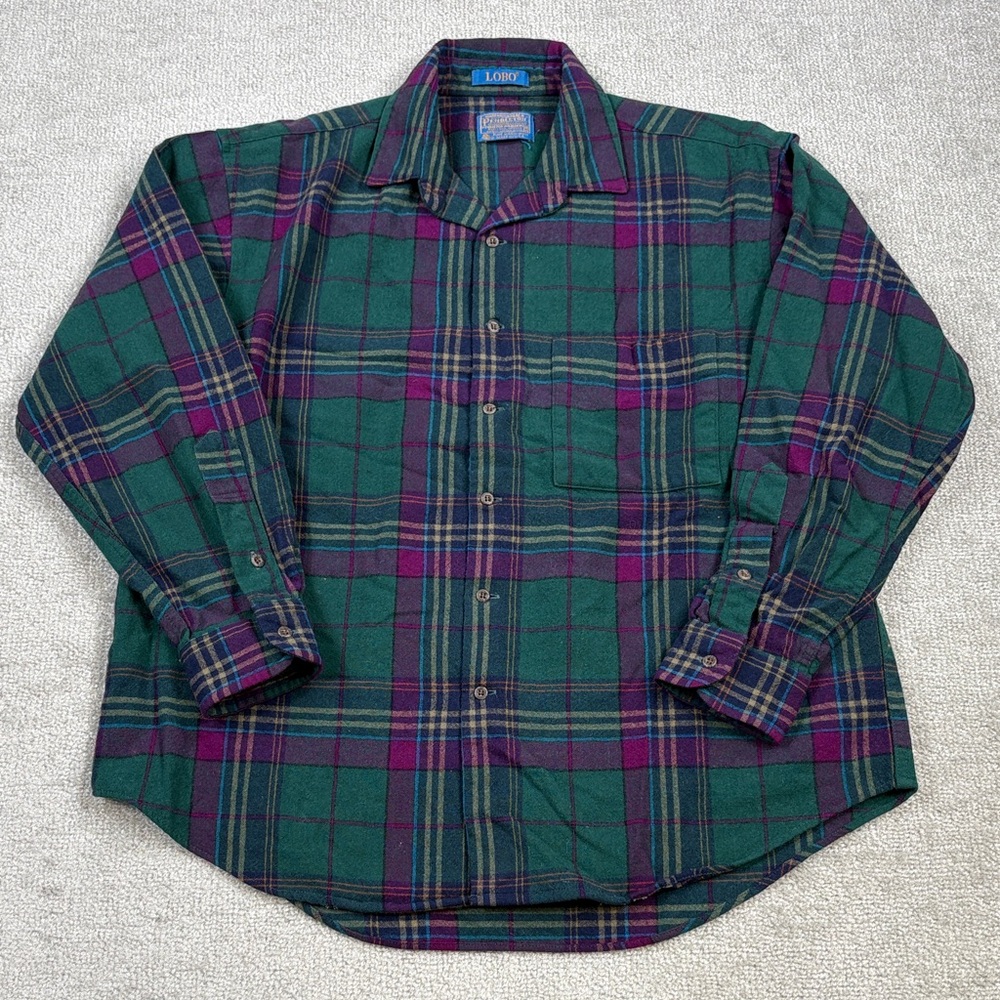 Vintage Pendleton Lobo Green Plaid Wool Flannel Button Down Shirt
